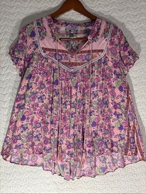 white birch Pink Floral Boho Short Sleeve Peasant Blouse